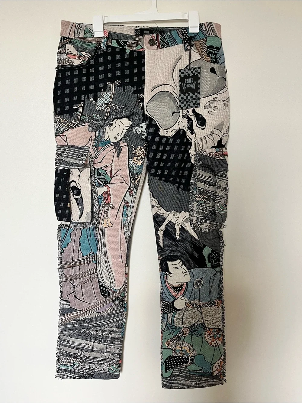 Rebel Vengeance Japanese Samurai and skull tapestry cargo pants